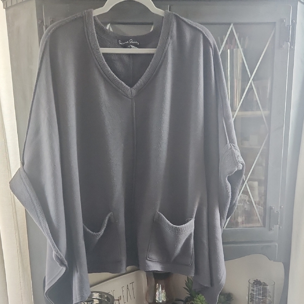 Gray V-Neck Poncho with Pockets